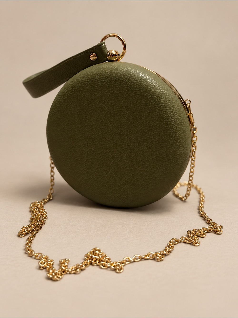 Olive Green Round Wristlet Clutch with Gold Chain. 6” Diameter